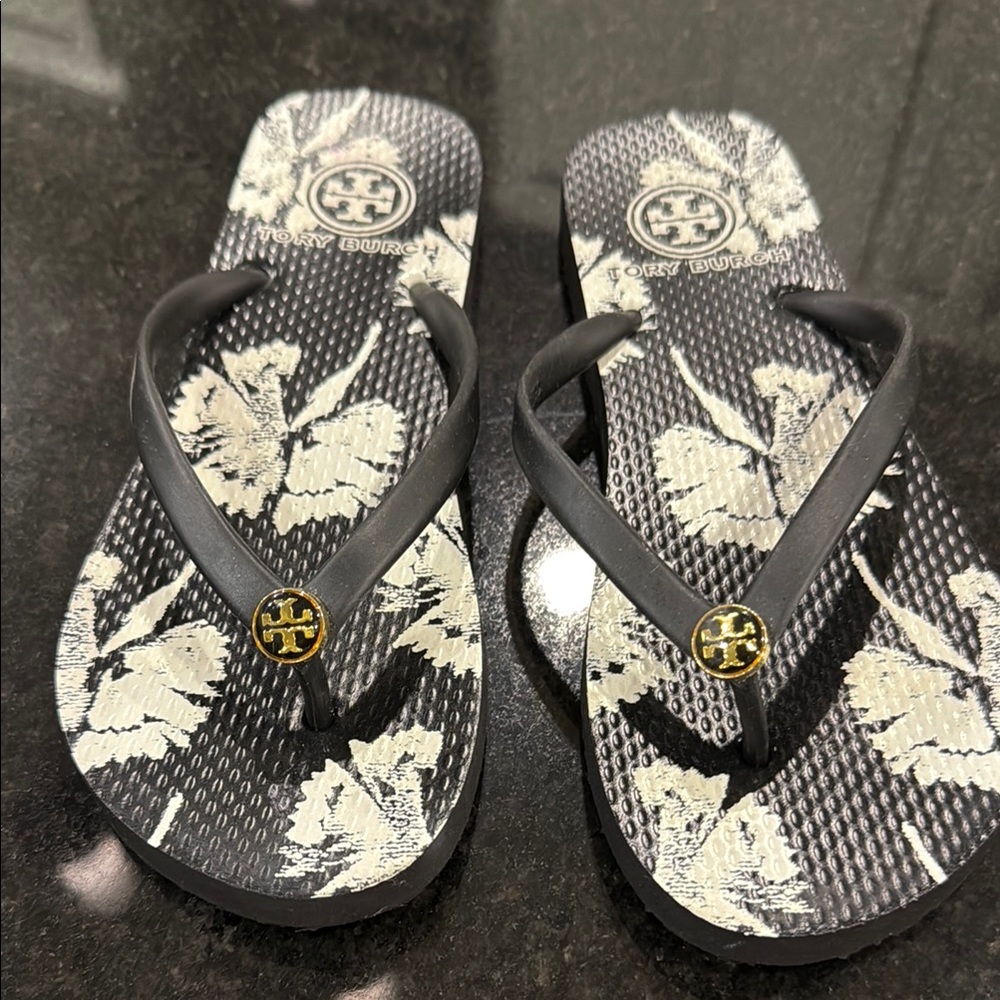 Tory Burch Black and White Floral Sandals